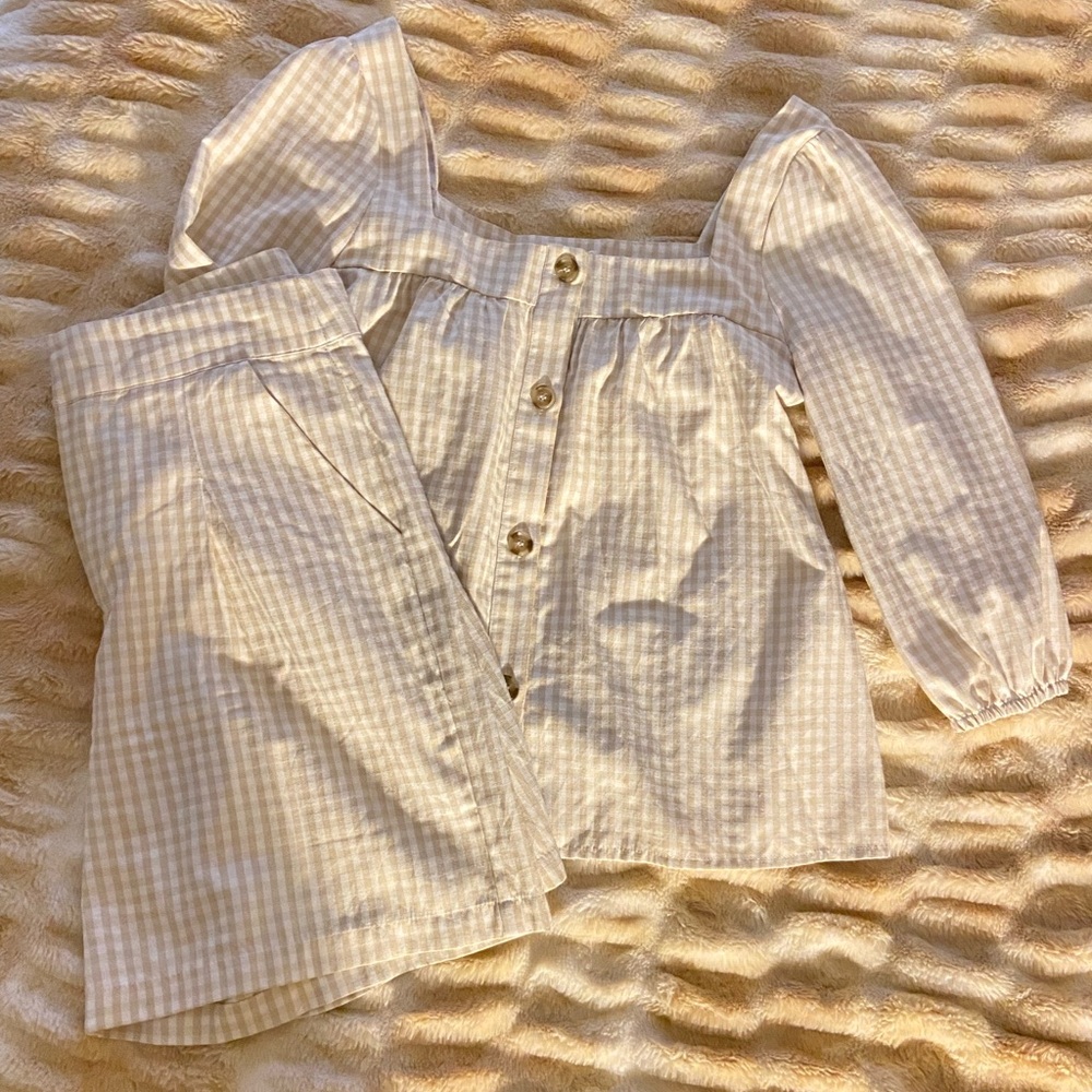 Beige Gingham Button-Front Top and Short Set